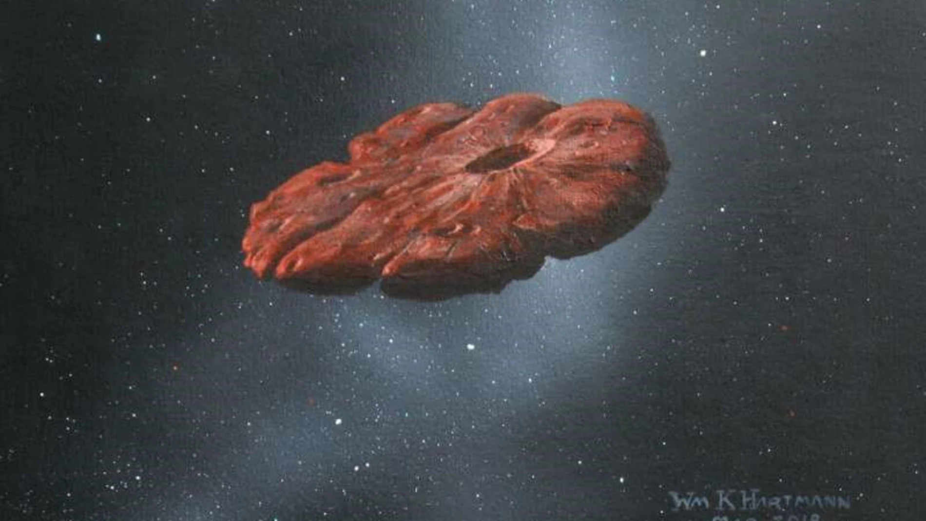 Reconstrucción de ‘Oumuamua realizada por William K. Hartmann en 2018 (No se trata de una reconstrucción hecha a tenor de los últimos artículos, como algunas fuentes parecen sostener)