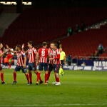 Los jugadores del Atlético celebran el triunfo mientras Rioja intenta consolar a Joselu
