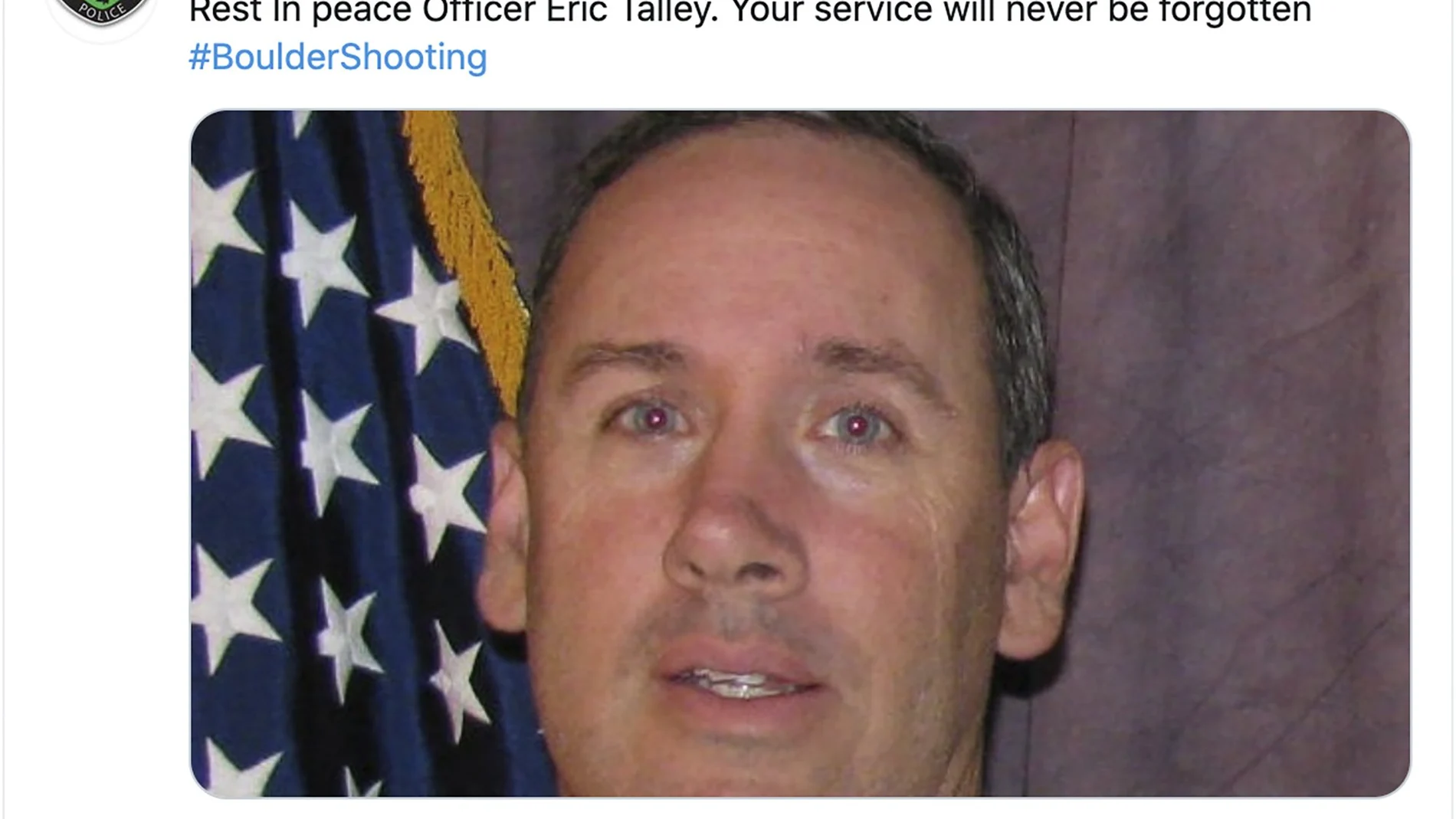 El tuit publicado por el Departamento de Policía de Boulder en recuerdo al oficial Eric Talley