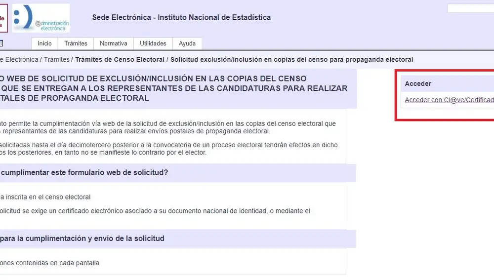 Sede Electrónica del INE para solicitar la exclusión de las copias del censo electoral