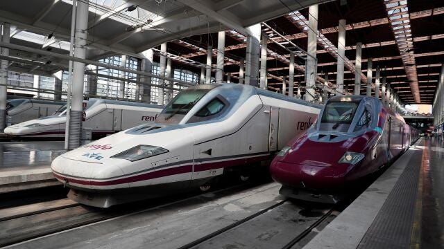 Vista de un tren AVE junto al tren del nuevo servicio de alta velocidad de bajo coste de Renfe, Avlo