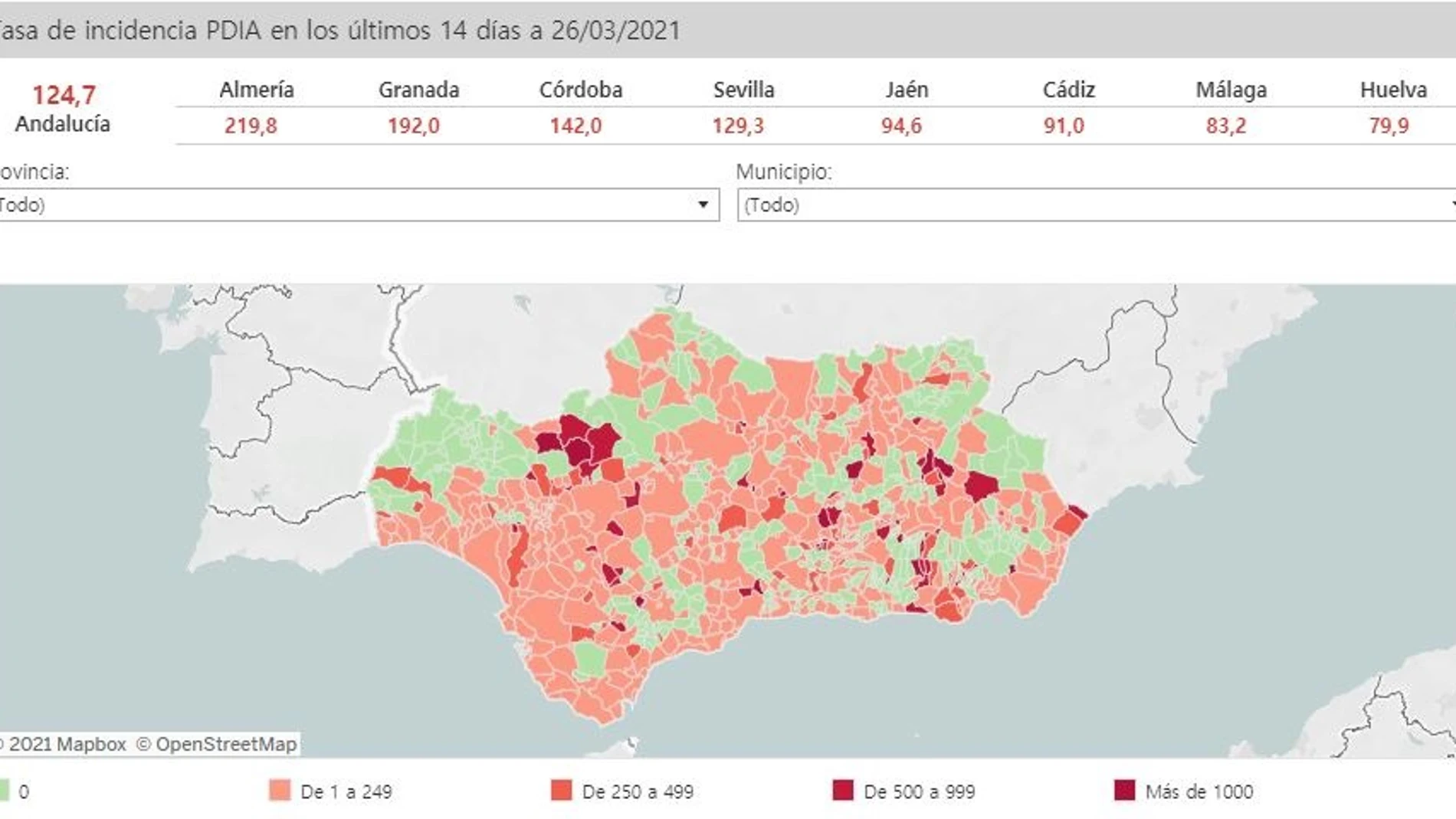 Mapa de Andalucía con los niveles de incidencia de la Covid-19 por municipios.