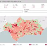 Mapa de Andalucía con nivel de incidencia de Covid-19 por municipios a 6 de abril de 2021