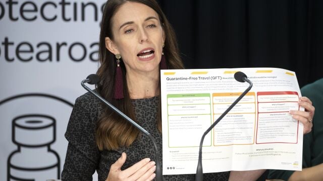 La primera ministra de Nueva Zelanda Jacinda Ardern hoy en la rueda de prensa de presentación del corredor de viajes con Australia