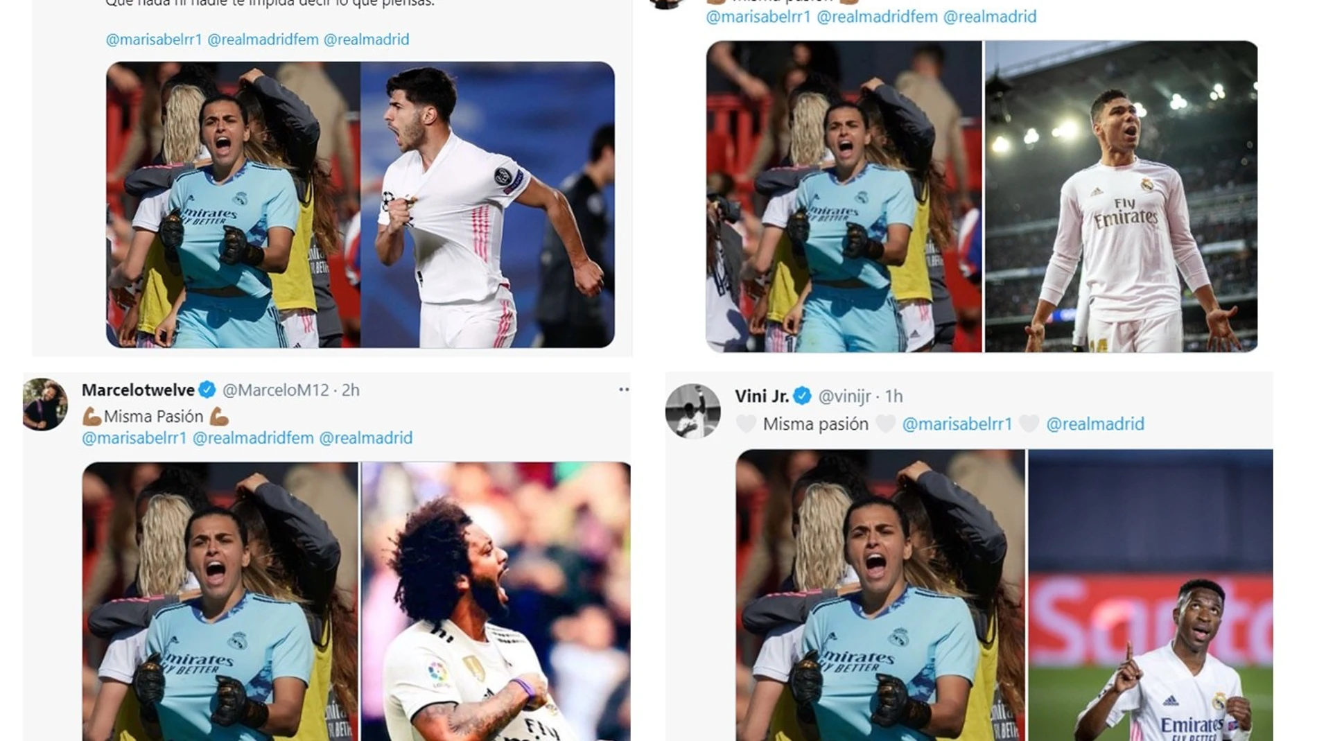Combo de capturas de Twitter de los fútbolistas del Real Madrid Misa Rodríguez, Marco Asensio, Marcelo Vieira, Henrique Casemiro, y Vinicius Jr.