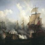 Una imagen de la batalla de Trafalgar pintada por Auguste Mayer en 1836