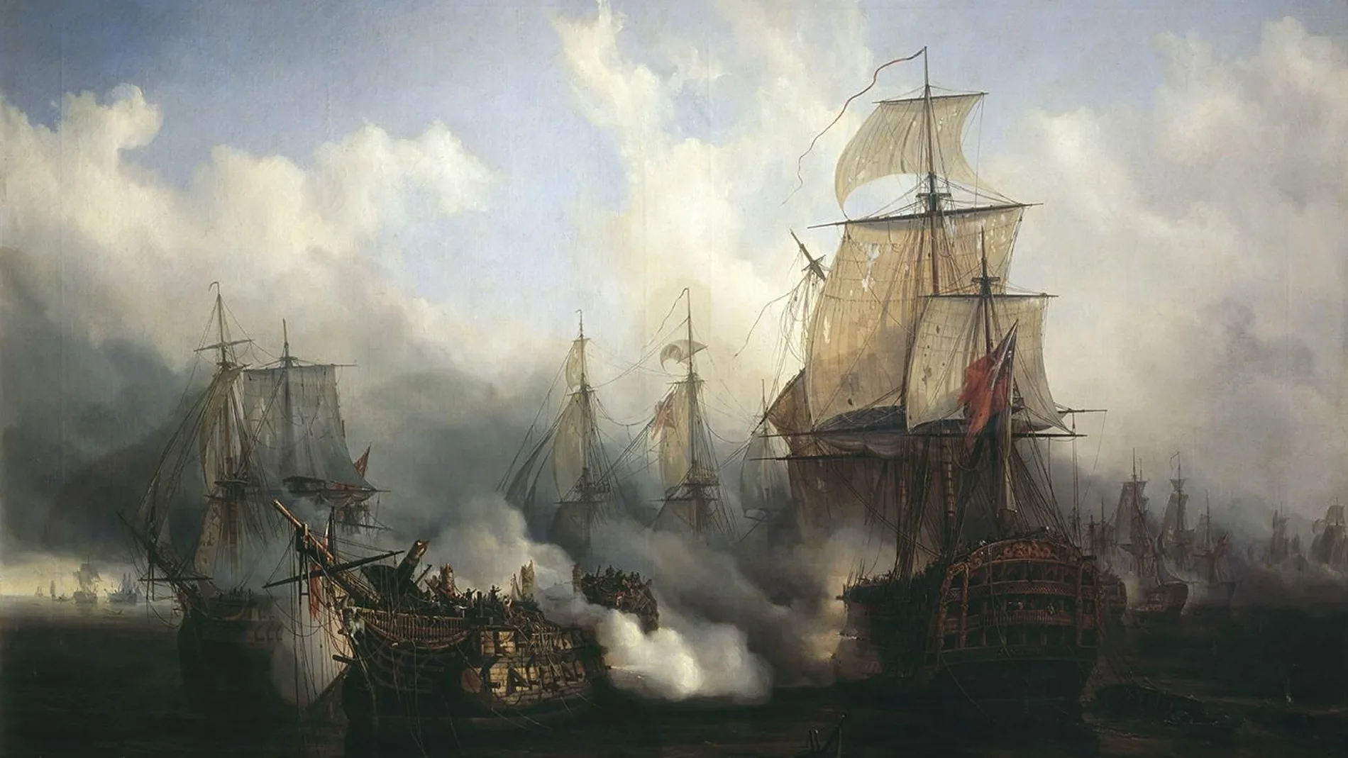 Una imagen de la batalla de Trafalgar pintada por Auguste Mayer en 1836