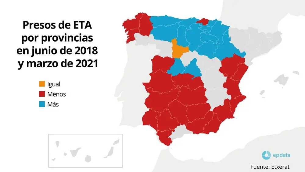 Presos de ETA por provincias en junio de 2018 y marzo de 2021EPDATA16/04/2021