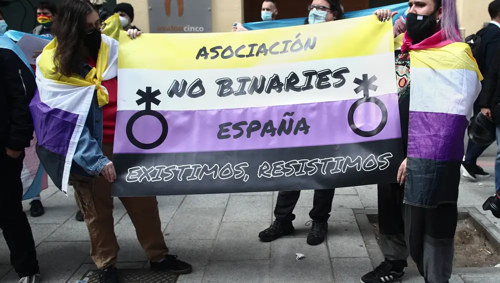 Dos personas pertenecientes a colectivos trans con una pancarta en la que se lee: &quot;Asociación No Binaries España&quot;