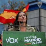 La candidata de Vox a la presidencia de la Comunidad de Madrid, Rocío Monasterio, durante un acto electoral en Fuenlabrada