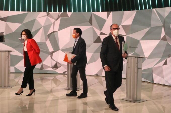 Isabel Díaz Ayuso, Edmundo Bal y Ángel Gabilondo, durante el debate electoral
