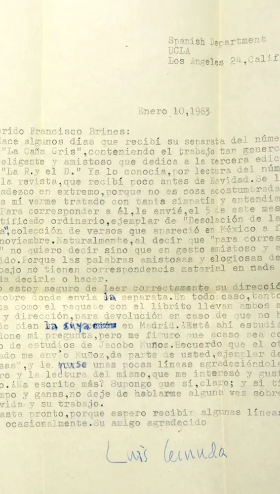 Carta de Luis Cernuda a Francisco Brines