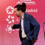 El candidato de Unidas Podemos a la presidencia de la Comunidad de Madrid, Pablo Iglesias, tras el debate
