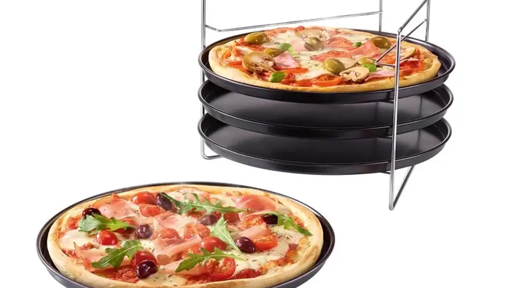Set de moldes para pizza 5 piezas, con 4 moldes y un soporte plegable
