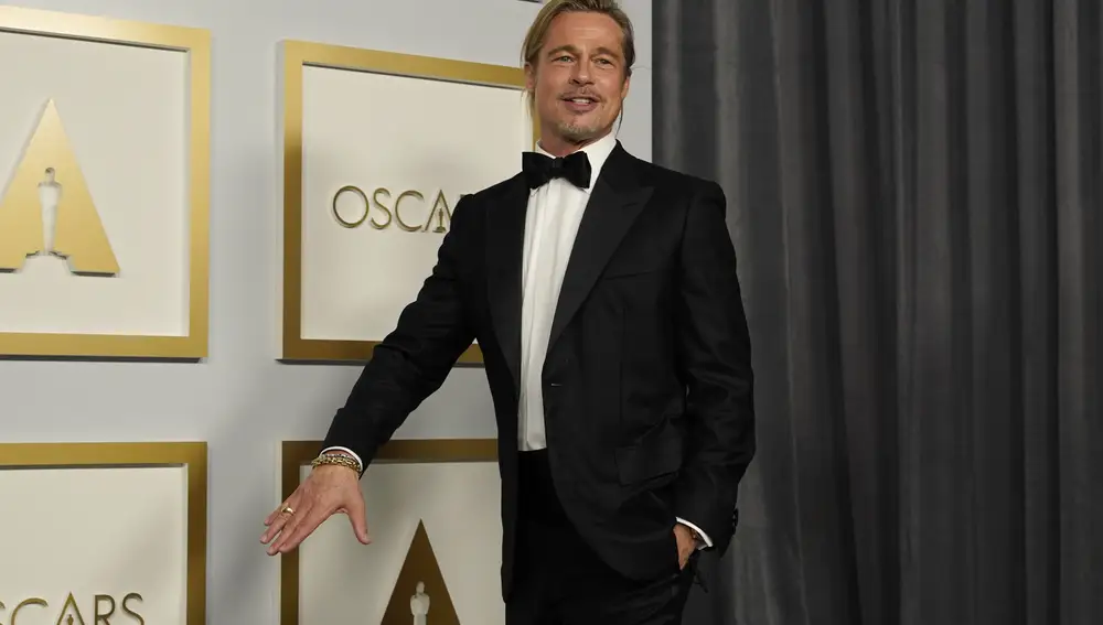 Brad Pitt poses in the press room at the Oscars on Sunday, April 25, 2021, at Union Station in Los Angeles. (AP Photo/Chris Pizzello, Pool)