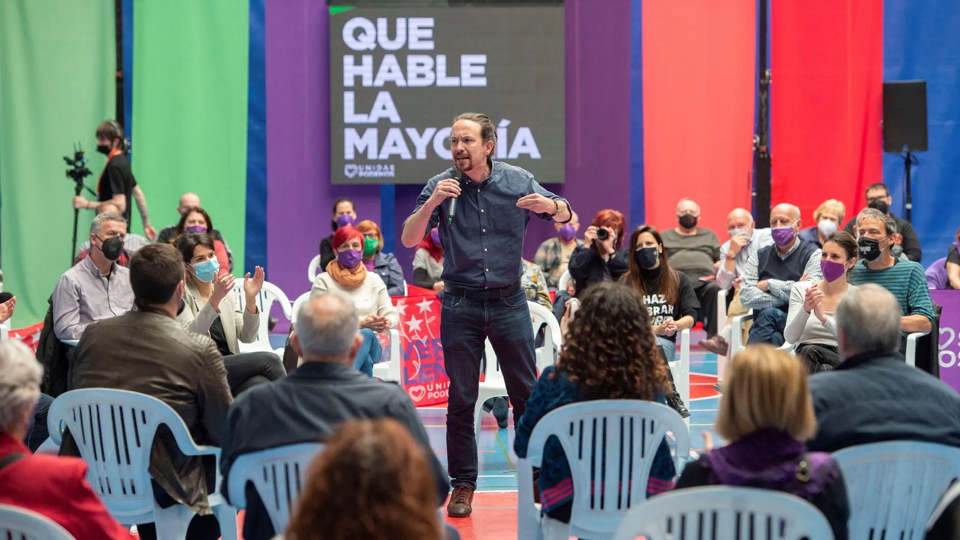 El candidato de Unidas Podemos a la Presidencia de la Comunidad, Pablo Iglesias, interviene durante un acto del partido en el Polideportivo municipal Cerro Buenavista de Getafe, Madrid, este martes