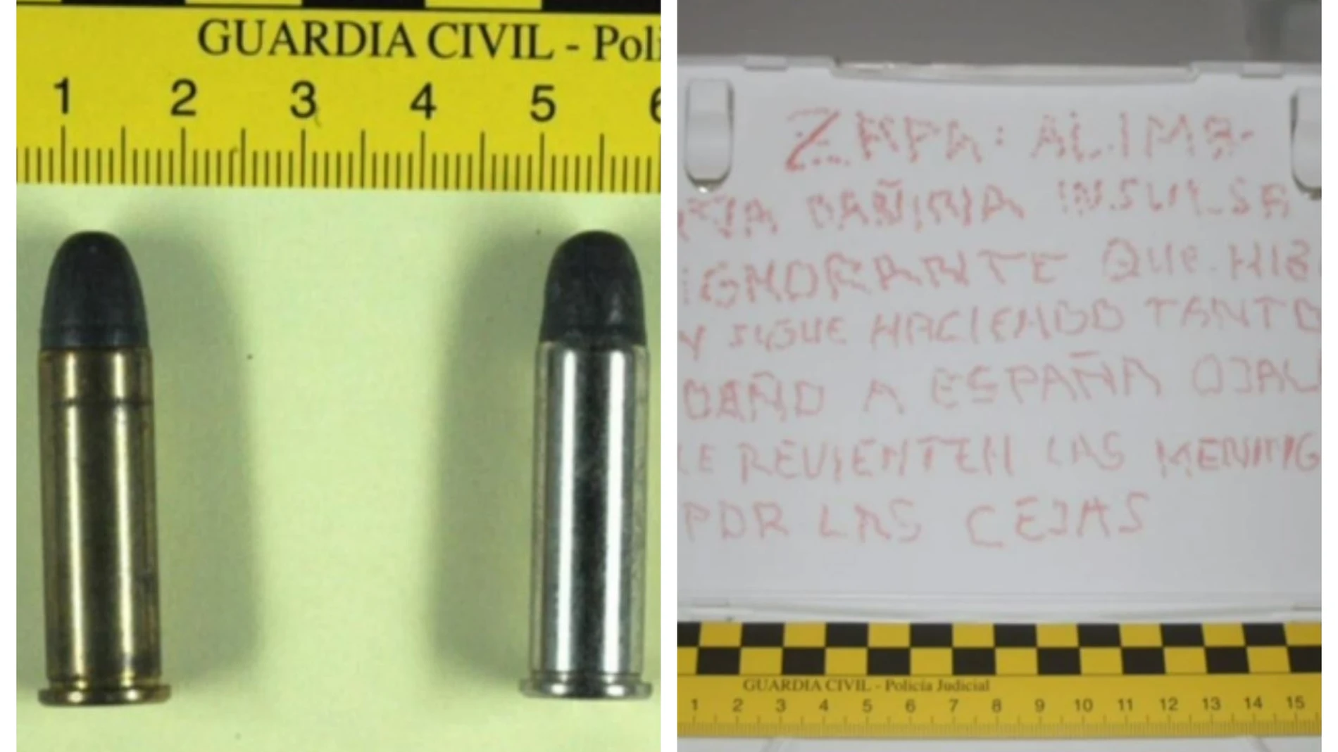 Carta enviada a José Luis Rodríguez Zapatero, que incluye una nota y dos balas del calibre 38