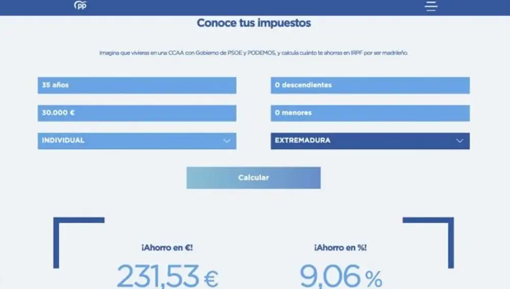 Imagen de la aplicación de la calculadora de impuestos de Díaz Ayuso frente a las CCAA socialistas
