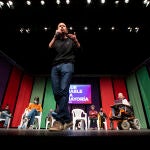 El candidato de Unidas Podemos a la presidencia de la Comunidad de Madrid, Pablo Iglesias, en un mitin de campaña en Leganés