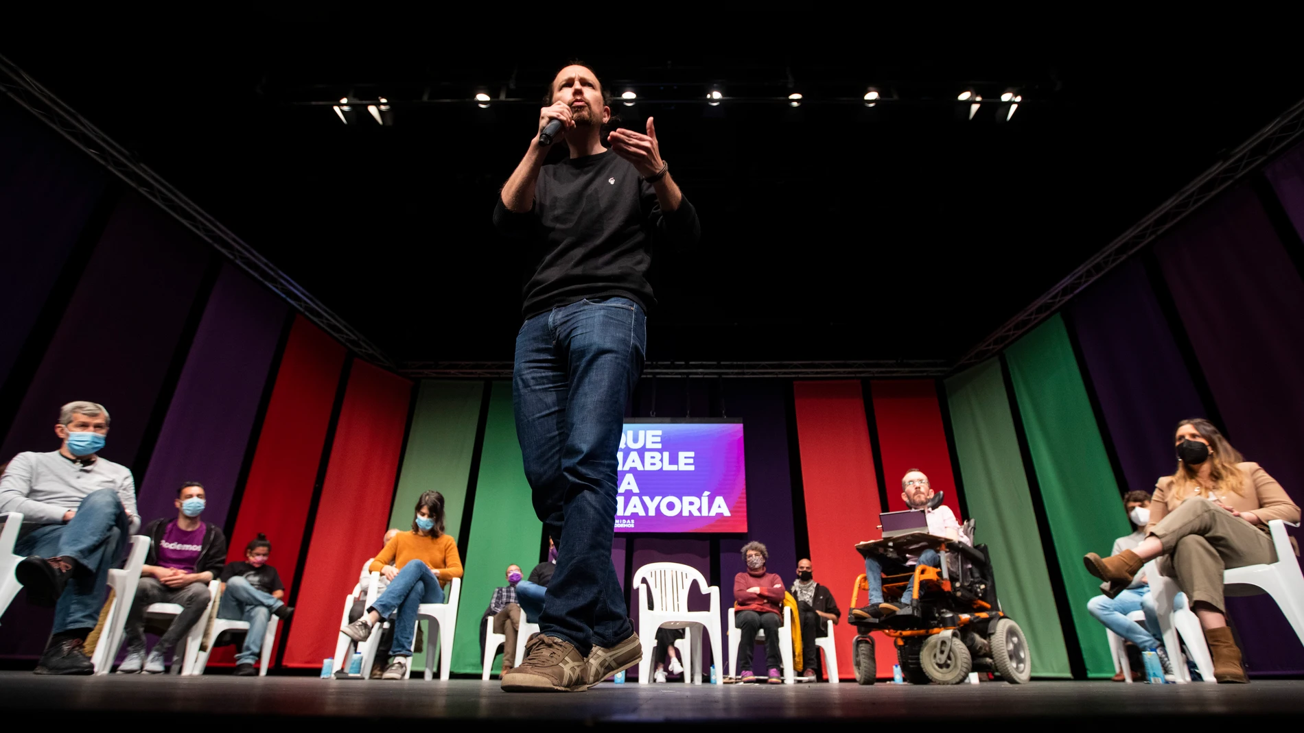 El candidato de Unidas Podemos a la presidencia de la Comunidad de Madrid, Pablo Iglesias, en un mitin de campaña en Leganés