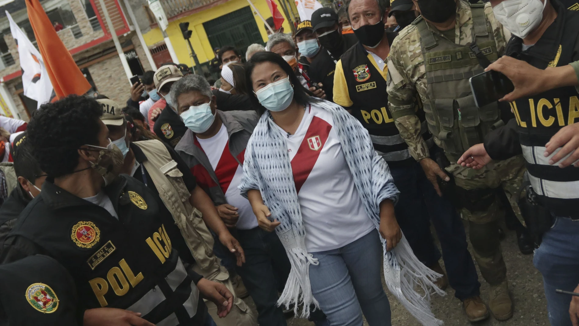 Popular Force presidential candidate Keiko Fujimori arrives for a presidential debate, in Chota, Peru, Saturday, May 1, 2021. Second round candidates, Pedro Castillo of the Free Peru party and Fujimori, arrived in the small town in the country's northern highlands for their first debate ahead of the June 6th presidential runoff election. (AP Photo/Francisco Vigo)