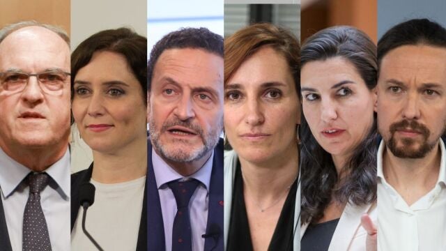 Candidatos para las elecciones a la Comunidad de Madrid 2021. De izquierda a dercha: Ángel Gabilondo (PSOE), Isabel Díaz Ayuso (PP) Edmundo Bal (Ciudadanos) Mónica García (Más Madrid), Rocío Monasterio (Vox) y Pablo Iglesias (Podemos)EUROPA PRESS21/04/2021