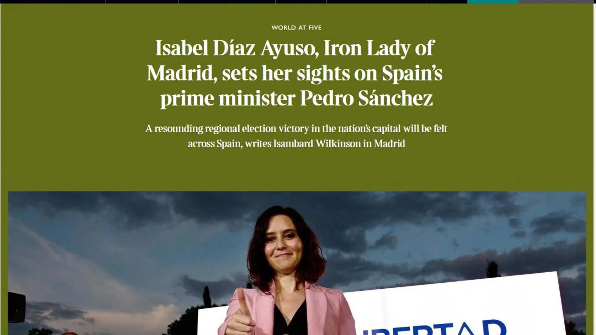 Imagen del artículo que le dedica The Times a Isabel Díaz Ayuso