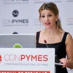 La vicepresidenta tercera del Gobierno y ministra de Trabajo, Yolanda Díaz, inaugura el acto de presentación de Conpymes, en la Casa Árabe