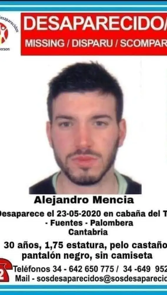 Cartel de la desaparición del joven cántabro Alejandro Mencia.SOS DESAPARECIDOS CANTABRIA23/05/2021