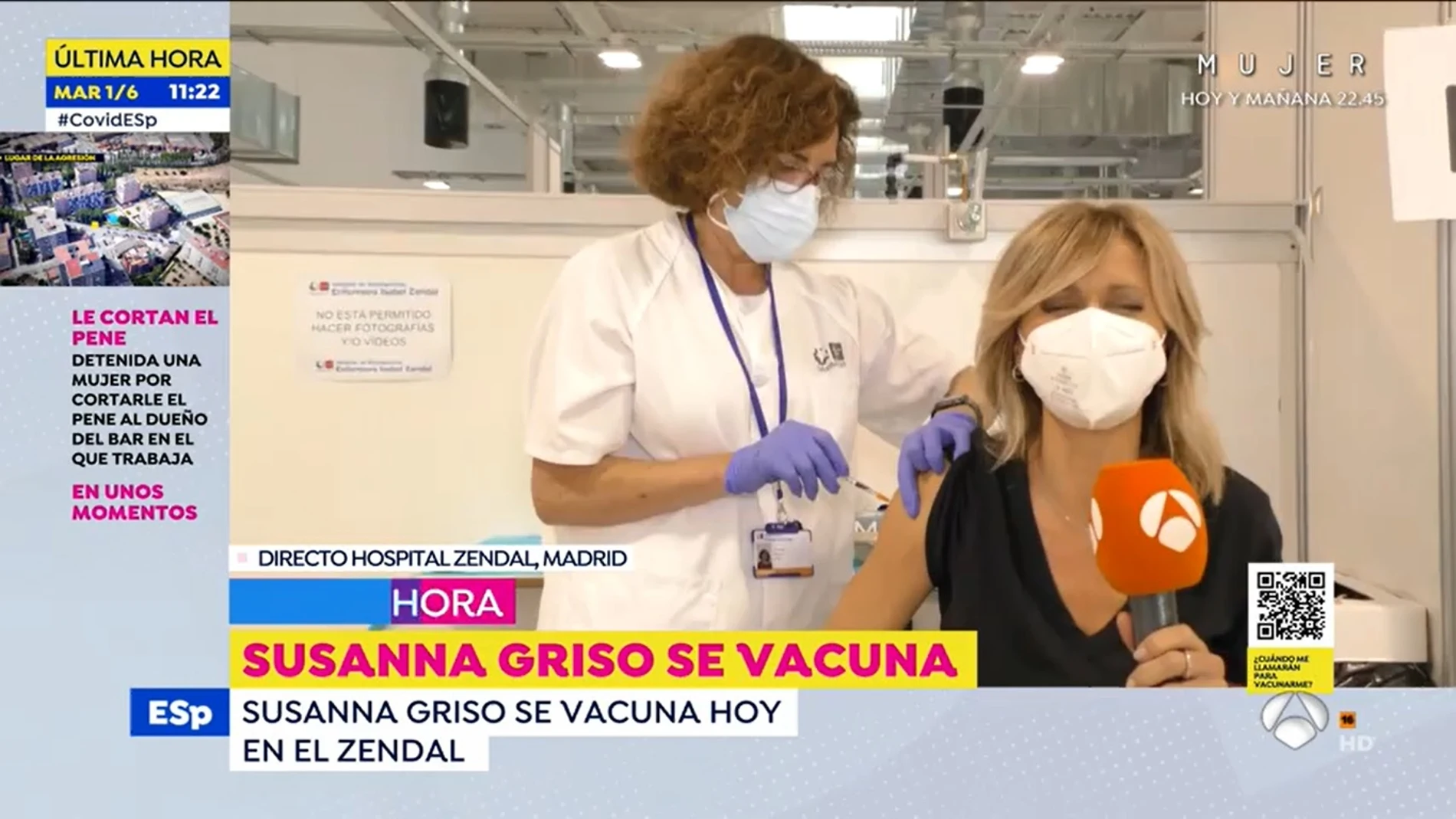 La presentadora Susanna Griso mientra recibe la primera dosis de la vacuna contra el coronavirus