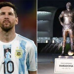 Leo Messi, con la camiseta de homenaje a Diego Maradona y la estatua que le recuerda.