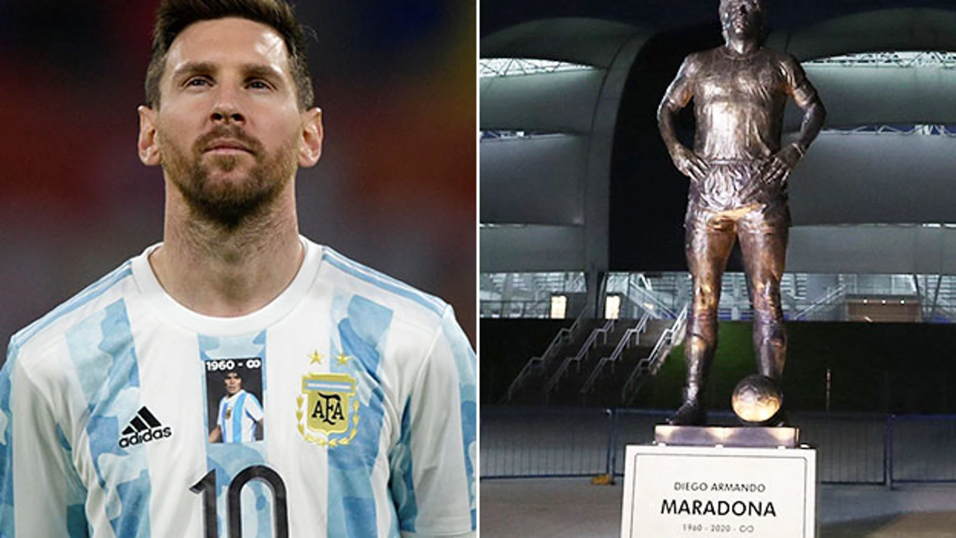 Leo Messi, con la camiseta de homenaje a Diego Maradona y la estatua que le recuerda.
