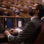 El presidente del Partido Popular, Pablo Casado, durante la sesión de control que se celebró ayer en el Congreso de los Diputados