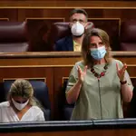 La ministra de Transición Ecológica, Teresa Ribera, durante una nueva sesión de control al Gobierno este miércoles en el Congreso de los Diputados.