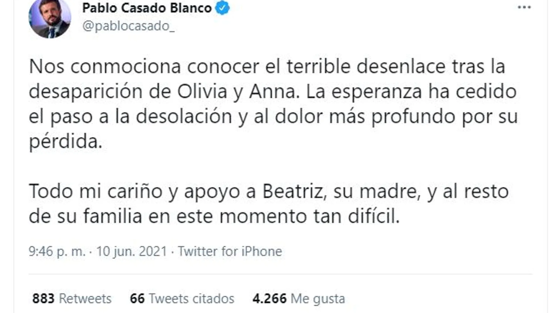 Tuit de Pablo Casado en su cuenta de Twitter