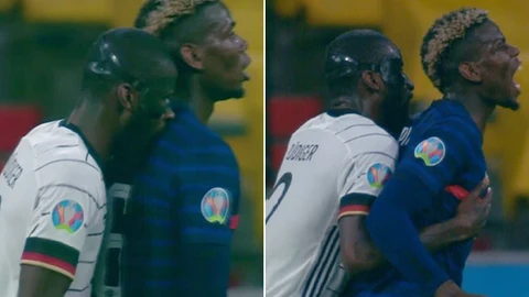 Momento en el que Antonio Rüdiger pone sus manos en el pecho de Paul Pogba y hace el gesto de morderle.