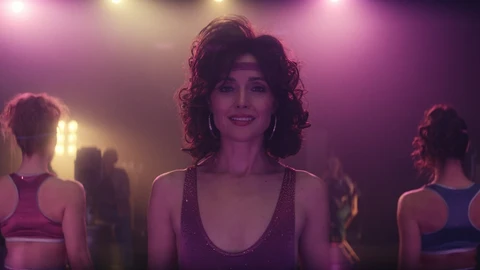 Sheila, interpretada por Rosa Byrne, en el centro de la imagen, hace negocio con cintas en pelos cardados y calentadores