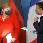 Emmanuel Macron y Angela Merkel, durante su rueda de prensa conjunta en Berlín el 18 de junio