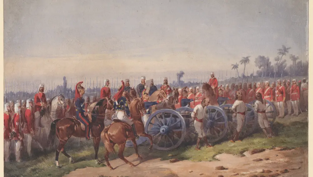 «Amotinados a punto de ser ajusticiados mediante cañones» (1858), acuarela de Orlando Norie (1832-1901)