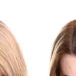 Collage of woman with grey hair before and after coloring on white background, closeup