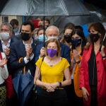 El conseller de Empresa y Trabajo de la Generalitat, Roger Torrent (2i); el conseller de Educación de la Generalitat, Josep González-Cambray (3i); la secretaria general adjunta y portavoz de ERC, Marta Vilalta (4i) y la presidenta del Parlament, Laura Borràs (5i), mientras interviene la expresidenta del Parlament de Catalunya Carme Forcadell (ERC), a su salida de la prisión de Wad-Ras, un día después de ser indultada por el Gobierno de España, a 23 de junio de 2021, en Barcelona, Catalunya (España). La salida tiene lugar después de que la sala del Tribunal Supremo que juzgó el 'procés' independentista en Cataluña haya remitido hoy nueve mandamientos a las cárceles donde cumplen condena los líderes independentistas que han sido indultados, por el Ejecutivo nacional en Consejo de Ministros, para que se proceda a su inmediata libertad y la publicación de los decretos de indulto en el Boletín Oficial del Estado (BOE).23 JUNIO