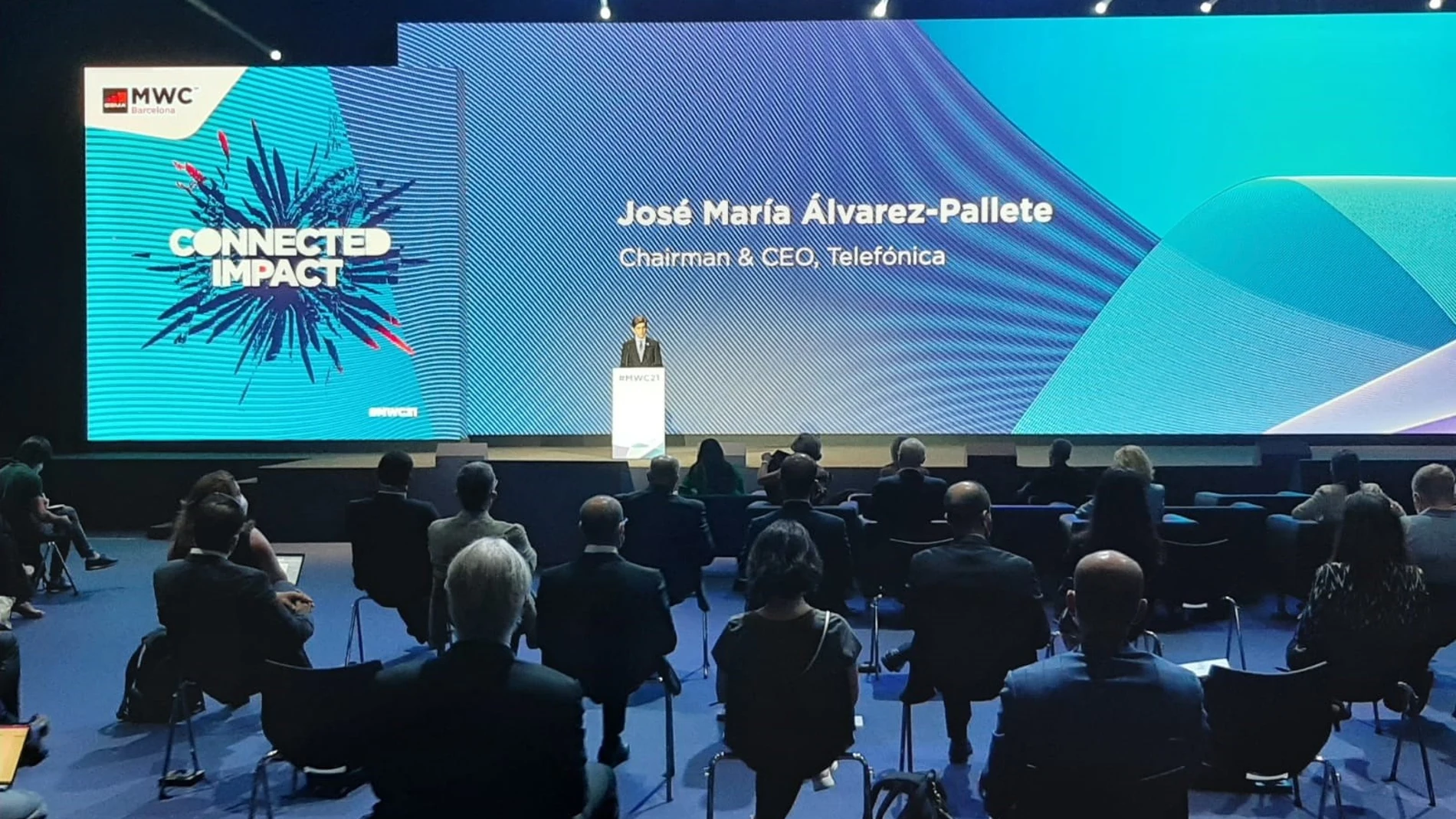 El presidente de Telefónica, José María Álvarez-Pallete, durante el discurso inaugural del Mobile World Congress 21