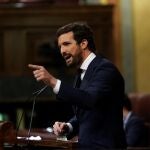 El líder del PP, Pablo Casado, interviene este miércoles en el Pleno del Congreso donde el presidente del Gobierno, Pedro Sánchez, comparece para explicar los indultos a los líderes independentistas