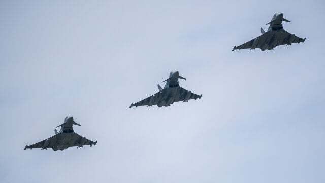 Tres Eurofighters Typhoon en una foto de archivo