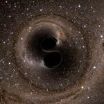 Dos agujeros negros en órbita mutua.
