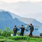Los asistentes de alivio de la pobreza Liu Ying y He Changle (primera ysegundo por la izquierda), junto con funcionarios de la aldea, ayudan atransportar melones plantados por los campesinos de la aldea de Dongqindel distrito de Congjiang de la provincia de Guizhou, en el suroeste deChina, el 11 de noviembre de 2020