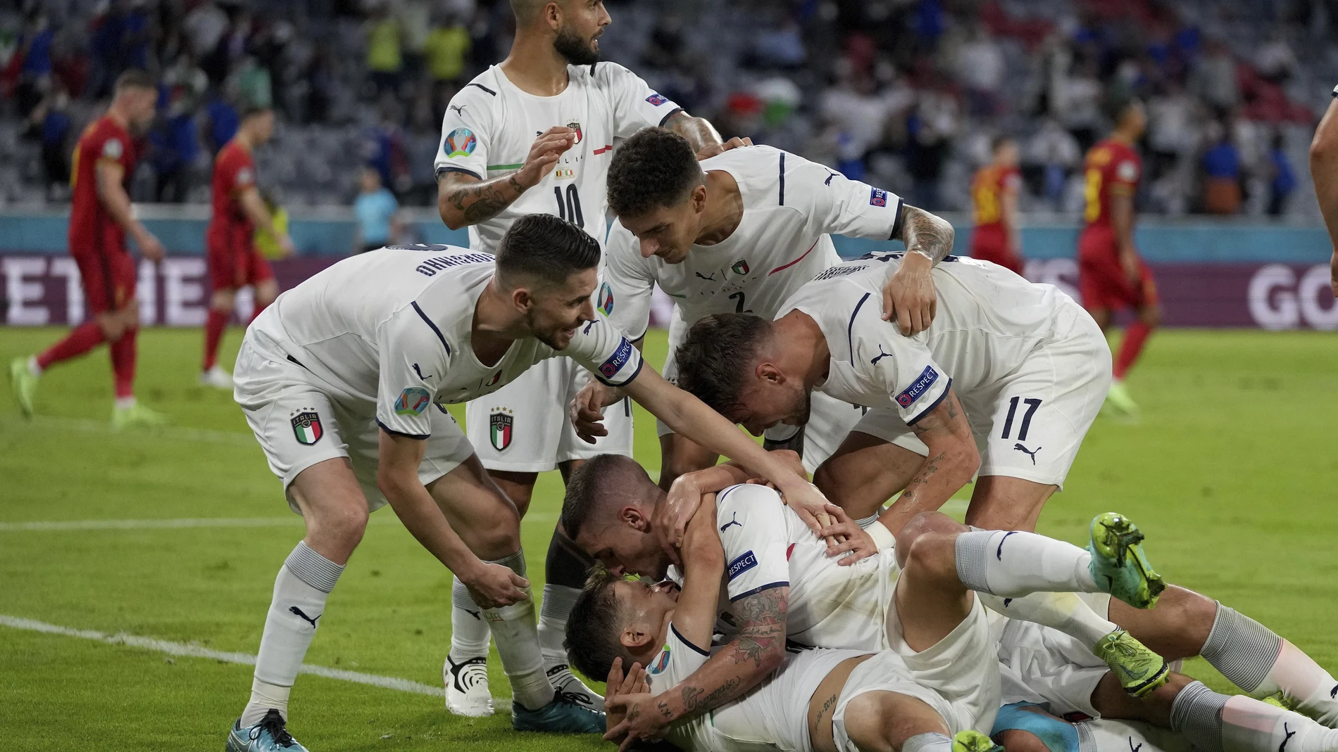 La selección italiana celebra uno de los goles que marcó a Bélgica en los cuartos de la Eurocopa