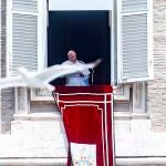 El papa Francisco recita la oración del Angelus desde la ventana de su estudio, este domingo, en la plaza de San Pedro del Vaticano. EFE/FABIO FRUSTACI