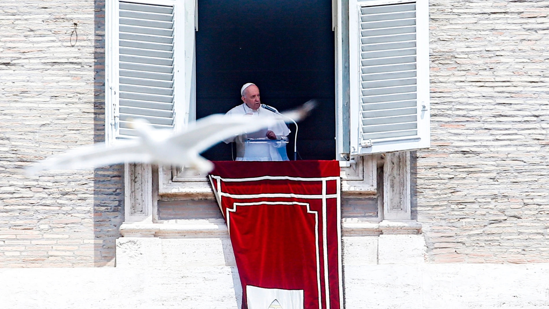 El papa Francisco recita la oración del Angelus desde la ventana de su estudio, este domingo, en la plaza de San Pedro del Vaticano. EFE/FABIO FRUSTACI