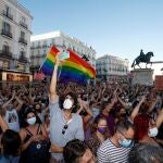 Manifestación celebrada en julio en la Puerta del Sol, en Madrid, para condenar la brutal agresión que acabó este sábado con la vida del joven Samuel Luiz, de 24 años.